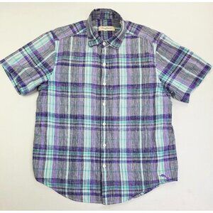 Tommy Bahama Lightweight Size Large Mens Plum Aqua White Check Logo S/S Shirt